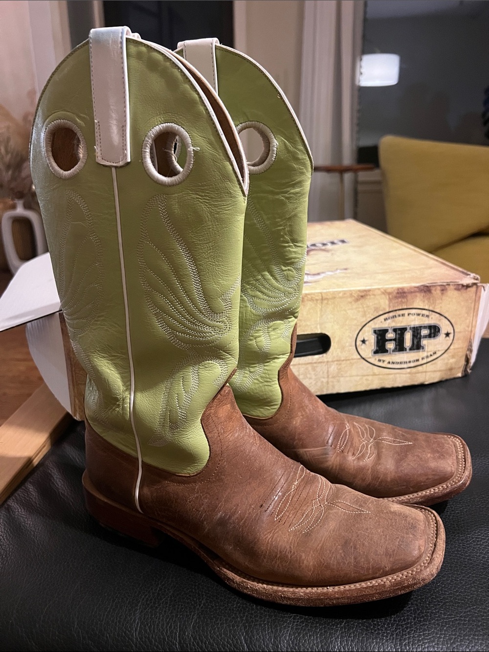 HP Two-Tone Lime Green and Brown Leather Heeled Cowboy Boots